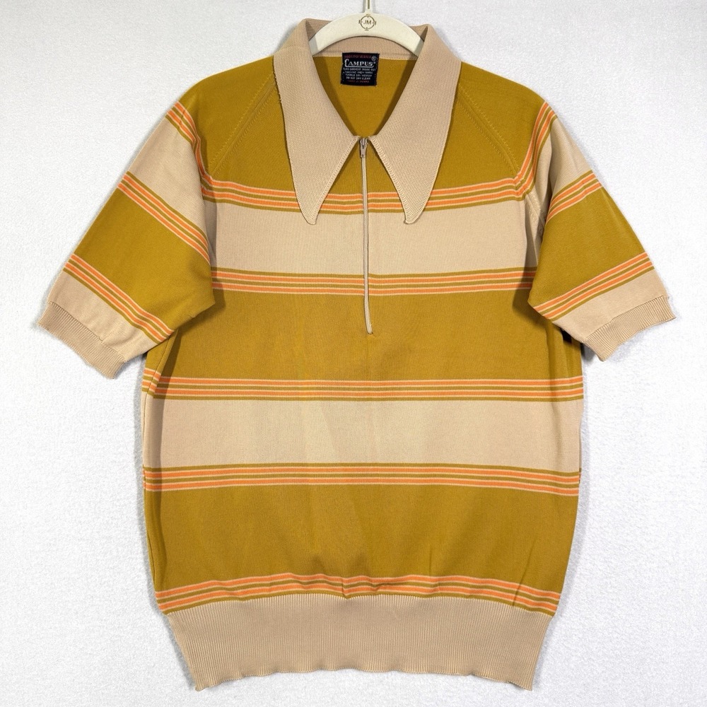 Vintage Campus Shirt XL Zip Polo 60s 70s Striped Retro Mod Spearpoint Collar